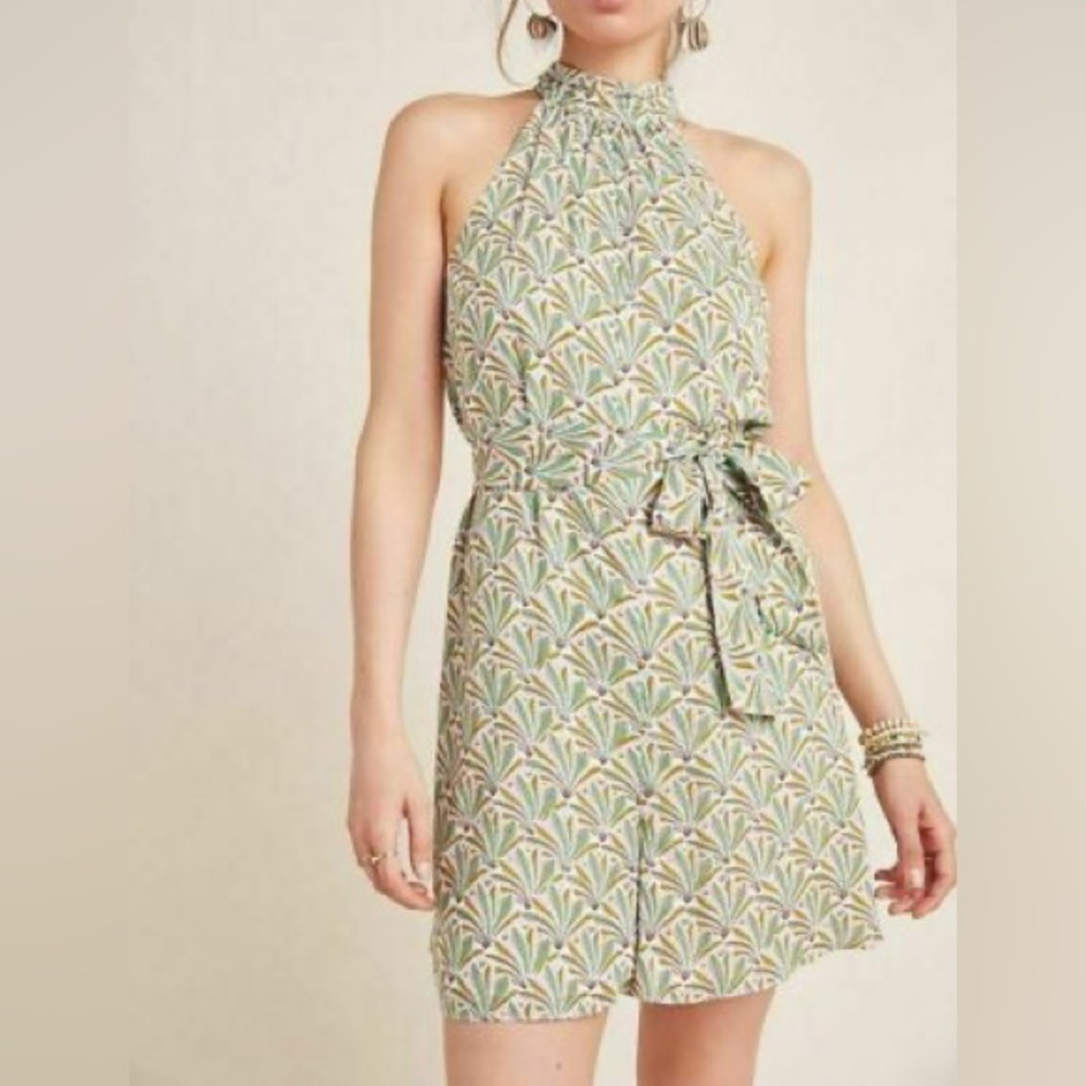 Anthropologie Sage Green Palm Leaf Print Maddie High Neck Halter Short Romper